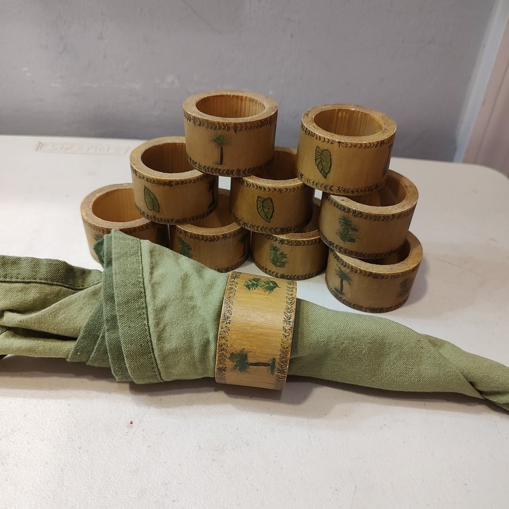 Coastal Core Bamboo Napkin Ring Holders 10 Piece Set Textured Hand Painted